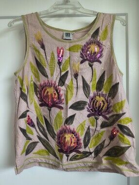 USINDO Linen Blend Tank Top Hand Painted Floral Embellished Sequins Women Size M